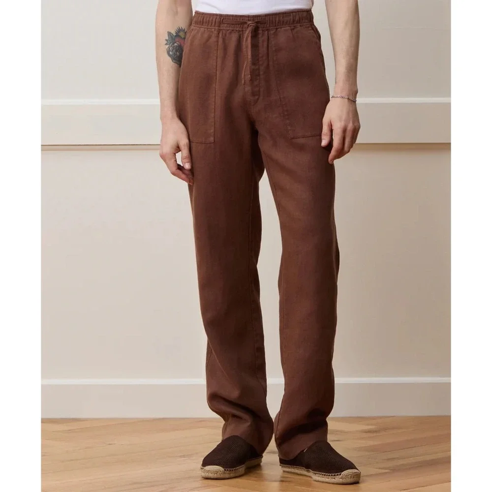 TODD SNYDER Straight Fit 100% Linen Beach Pants in‎ Cigar Men 2XL Drawcord NWT